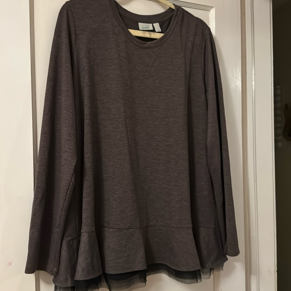 LOGO brown tunic long sleeve with black lace trim.  Peplum bottom.
